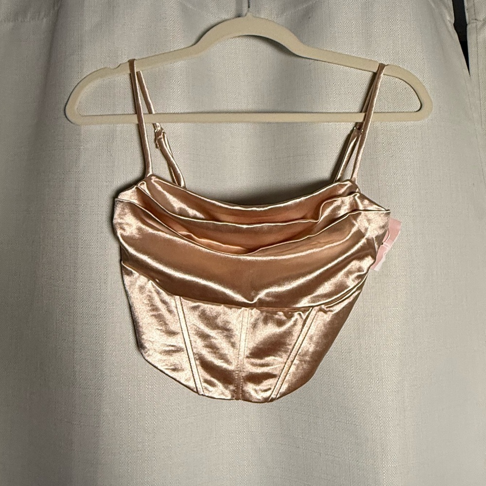 Lovesome Champagne Satin Spaghetti Strap Bustier Cowl Crop Top Size Small - Picture 7 of 8